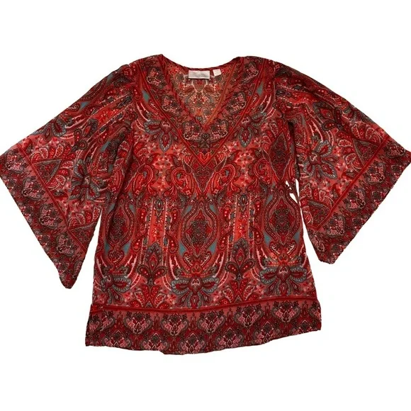 Belle by Kim Gravel Size XXS Paisley Print Bell Sleeve Blouse Top Side Slit NEW - Picture 1 of 15